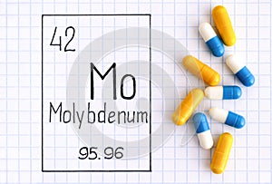 Handwriting chemical element Molybdenum Mo with some pills