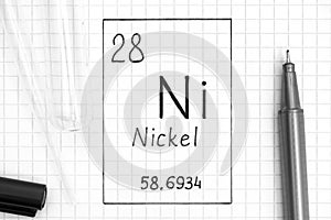 Handwriting chemical element Nickel Ni with black pen, test tube and pipette