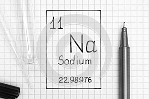 Handwriting chemical element Sodium Na with black pen, test tube