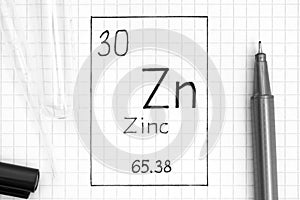 Handwriting chemical element Zinc Zn with black pen, test tube and pipette