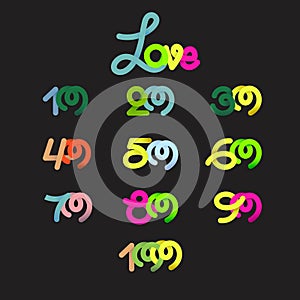 Handwriting of neon light number effect celebrating love concept, anniversary of number 10th-100th year anniversary