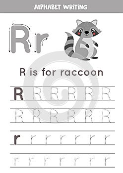 Handwriting practice with alphabet letter. Tracing R.