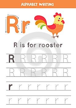 Handwriting practice with alphabet letter. Tracing R.