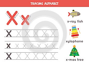 Handwriting practice with alphabet letter. Tracing X.