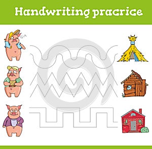 Handwriting practice Education games with three little pigs. Preschool or kindergarten worksheet. Vector illustration