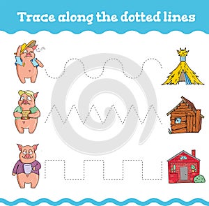 Handwriting practice Education games with three little pigs. Preschool or kindergarten worksheet. Vector illustration