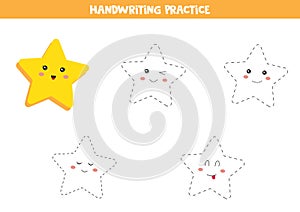 Handwriting practice for kids. Preschool worksheet. Smiling stars. Set of kawaii stars. Educational worksheet for kids