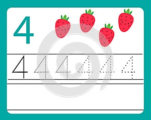 Handwriting practice. Learning numbers with cute characters. Number four. Educational printable worksheet for kids and toddlers wi