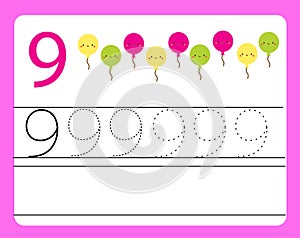 Handwriting practice. Learning numbers with cute characters. Number nine. Educational printable worksheet for kids and toddlers wi