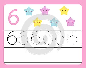 Handwriting practice. Learning numbers with cute characters. Number Six. Educational printable worksheet for kids and toddlers wit