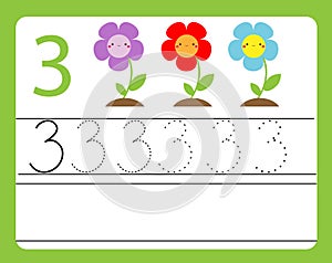 Handwriting practice. Learning numbers with cute characters. Number three. Educational printable worksheet for kids and toddlers w