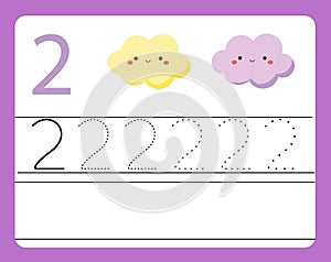 Handwriting practice. Learning numbers with cute characters. Number two. Educational printable worksheet for kids and toddlers wit