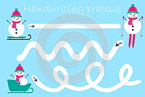 Handwriting practice sheet, christmas theme, snowmen, kids preschool activity, educational children game, printable worksheet,