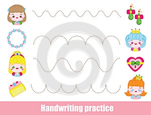 Handwriting practice sheet with cute princesses. Educational children game. Tracing lines. early education worksheet for kids