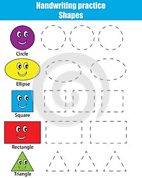 Handwriting practice sheet. Educational children game, kids activity. Learning shapes photo