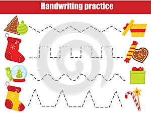 Handwriting practice sheet. Educational children game. Preschool Tracing for toddlers. Christmas and new year activity for kids