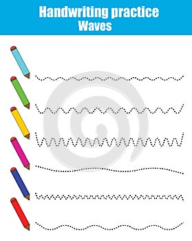 Handwriting practice sheet. Educational children game. Printable worksheet, drawing waves