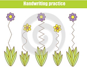 Handwriting practice sheet. Educational children game, printable worksheet for kids. Flowers tracing lines for kids and toddlers