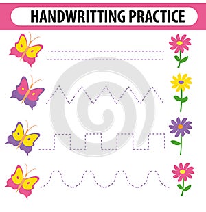 Handwriting practice sheet. Educational children game, printable worksheet for kids. Preschool activity,