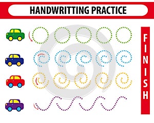 Handwriting practice sheet. Educational children game, printable worksheet for kids. Preschool activity,