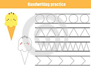 Handwriting practice sheet. Educational children game, printable worksheet for kids. Tracing lines and shapes