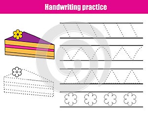 Handwriting practice sheet. Educational children game, printable worksheet for kids. Tracing lines, triangles