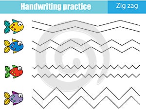 Handwriting practice sheet. Educational children game, printable worksheet for kids. Zig zag lines