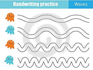 Handwriting practice sheet. Educational children game, printable worksheet for kids. Wavy lines