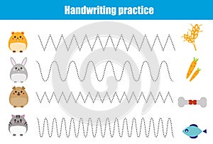 Handwriting practice sheet. Educational children game, printable worksheet for kids with wavy lines and animals