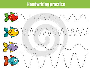 Handwriting practice sheet. Educational children game, printable worksheet for kids with wavy lines and fish photo