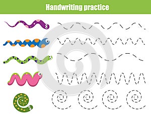 Handwriting practice sheet. Educational children game, printable worksheet for kids with wavy lines and snakes photo