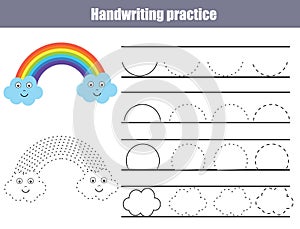 Handwriting practice sheet. Educational children game, printable worksheet for kids. Writing training printable worksheet with arc
