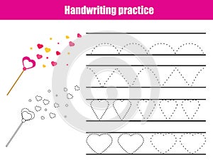 Handwriting practice sheet. Educational children game, printable worksheet for kids. Writing training printable worksheet. Hearts