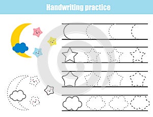 Handwriting practice sheet. Educational children game, printable worksheet for kids. Writing training printable worksheet. Stars a