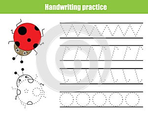 Handwriting practice sheet. Educational children game, printable worksheet for kids. Writing training, tracing lines.