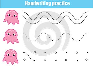 Handwriting practice sheet. Educational children game. Tracing lines with cute octopus. early education worksheet for kids