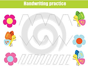 Handwriting practice sheet. Educational children game. Tracing lines with funny insects. early education worksheet for kids