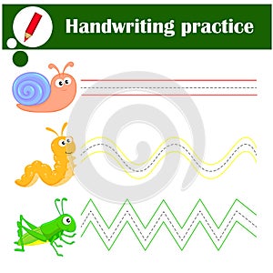 Handwriting practice sheet. Educational children game. Tracing lines with funny insects snail, caterpillar, grasshopper