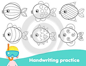 Handwriting practice sheet with fishes. Educational children game. Tracing lines. early education worksheet for kids