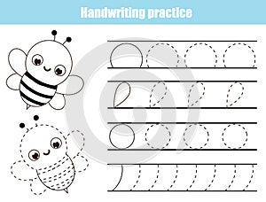 Handwriting practice sheet with funny bee. Educational children game. Tracing lines. early education worksheet for kids