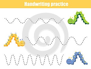 Handwriting practice sheet with funny insects. Educational children game. Tracing lines. early education worksheet for kids