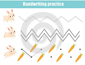 Handwriting practice sheet with funny rabbit. Educational children game. Tracing lines. early education worksheet for kids