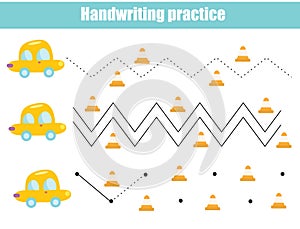 Handwriting practice sheet with riding car. Educational children game. Tracing lines. early education worksheet for kids