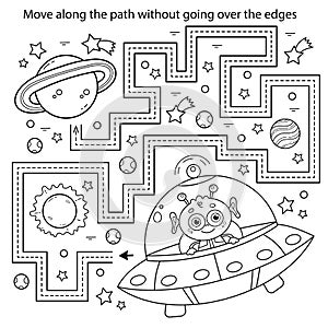 Handwriting practice sheet. Simple educational game or maze. Coloring Page Outline Of cartoon alien with a flying saucer in space