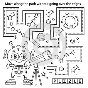 Handwriting practice sheet. Simple educational game or maze. Coloring Page Outline Of cartoon alien with telescope. Space.