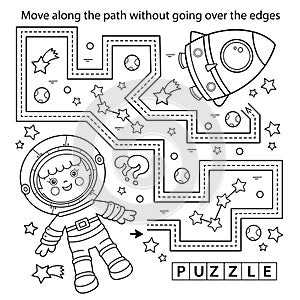 Handwriting practice sheet. Simple educational game or maze. Coloring Page Outline Of cartoon astronaut with rocket in space.