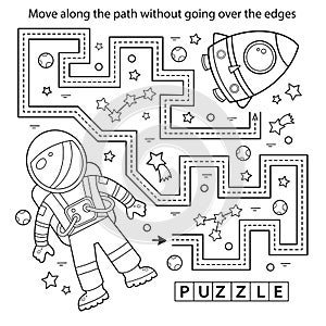 Handwriting practice sheet. Simple educational game or maze. Coloring Page Outline Of cartoon astronaut with rocket in space.