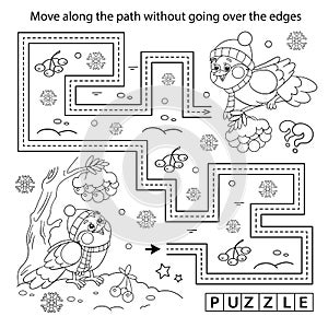 Handwriting practice sheet. Simple educational game or maze. Coloring Page Outline Of cartoon birds in the winter. Coloring book