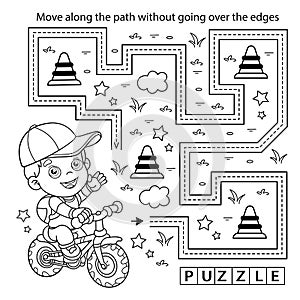 Handwriting practice sheet. Simple educational game or maze. Coloring Page Outline Of cartoon boy on bicycle or bike. Sport