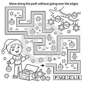 Handwriting practice sheet. Simple educational game or maze. Coloring Page Outline Of cartoon boy decorating the Christmas tree.